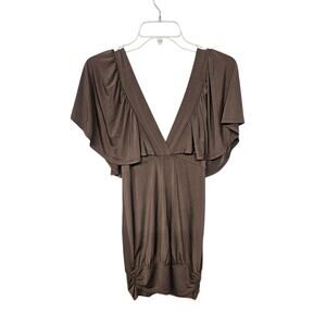 Vintage 90s Y2K Rampage Forest Fairy Brown Ruffle Tunic Sz Medium Deep V neck